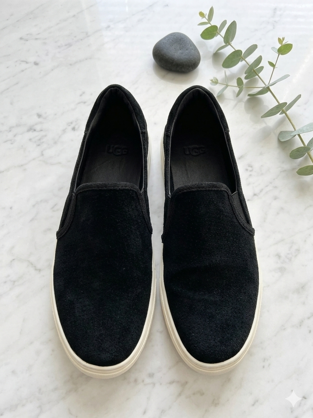 UGG Black Suede Slip-On Flats with Cream Sole
